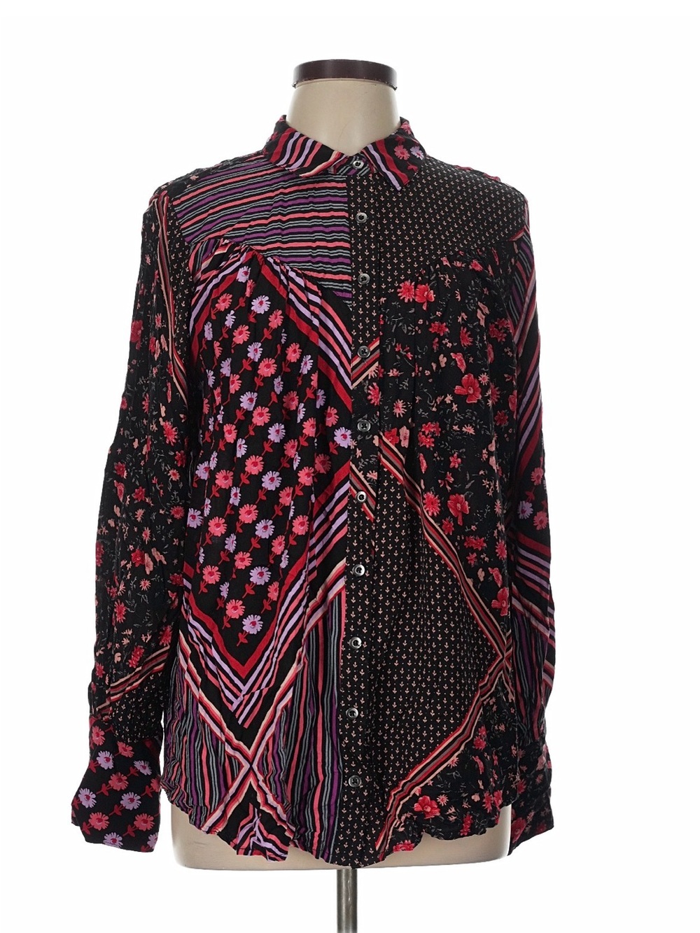 Free People Black Floral & Stripe Patchwork Button-Up Blouse